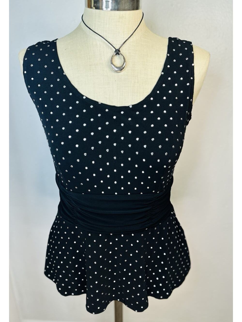 Perceptions Y2K Metallic Silver Studded Polka Dot Cinched Waist Tank Size 8 Med
